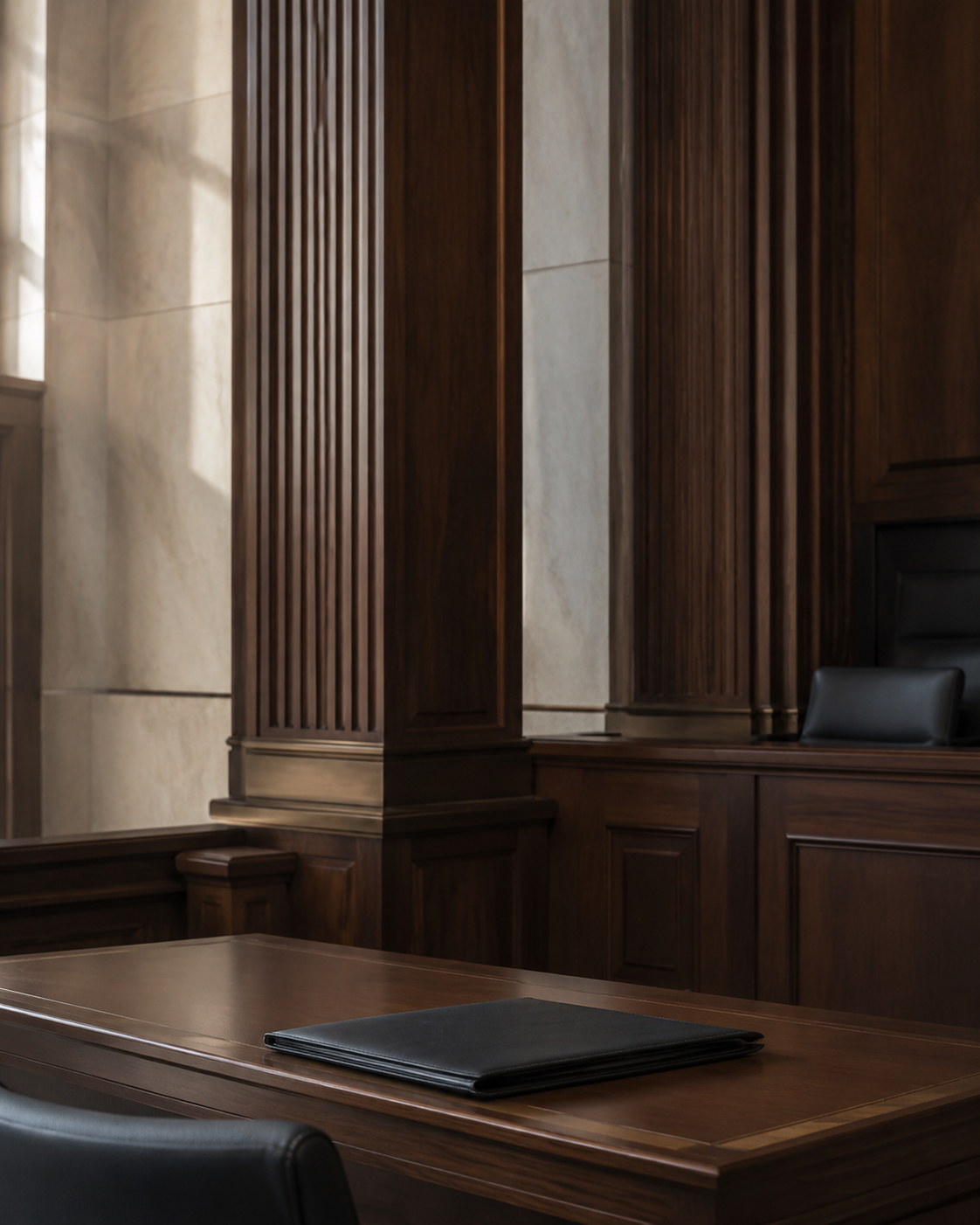 An empty courtroom with dark walnut judicial architecture.